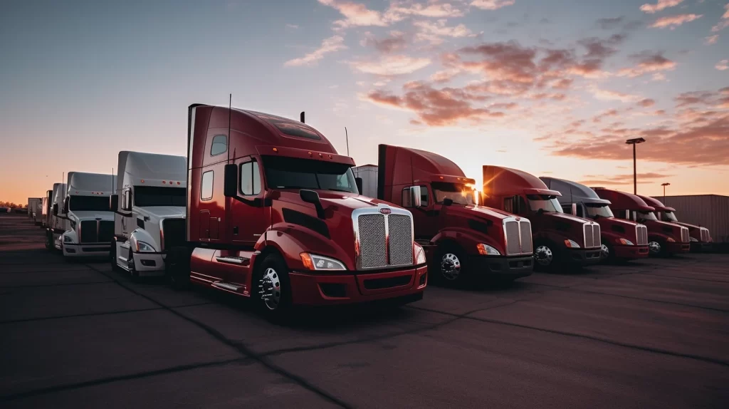 red trucks parked at sunset