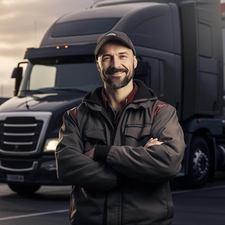 a truck driver standing in front of a parked semi truck