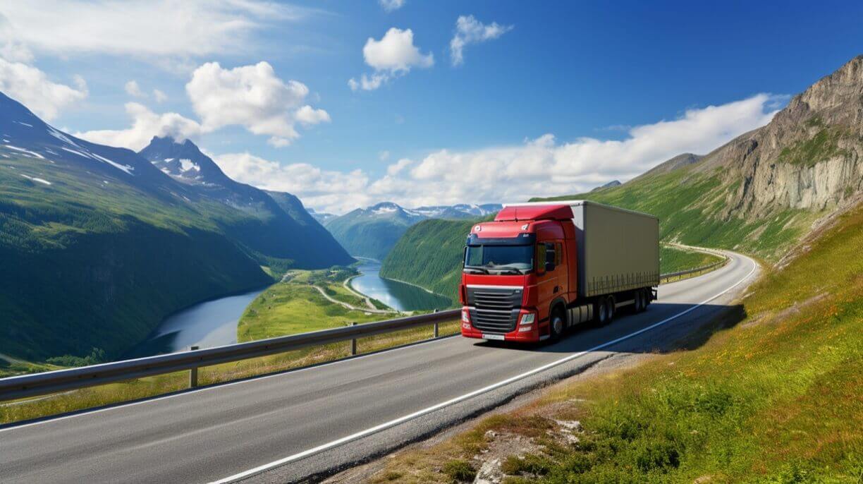 A truck driving through a European landscape