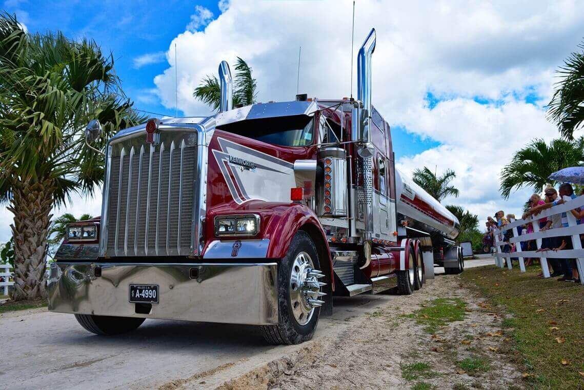 Semi truck parked next to palm trees