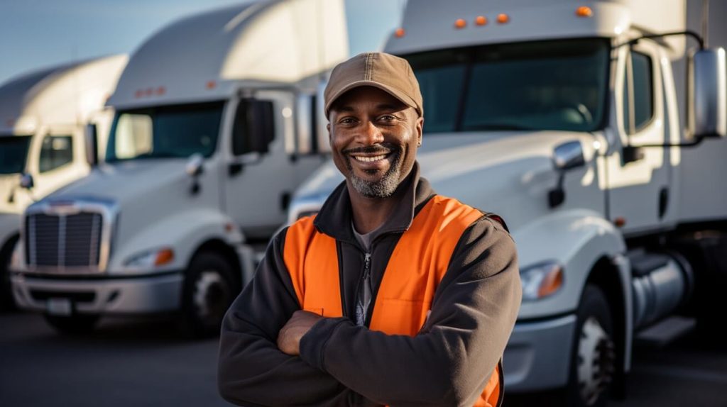 A truck driver in an orange vest stands before a fleet of semi trucks