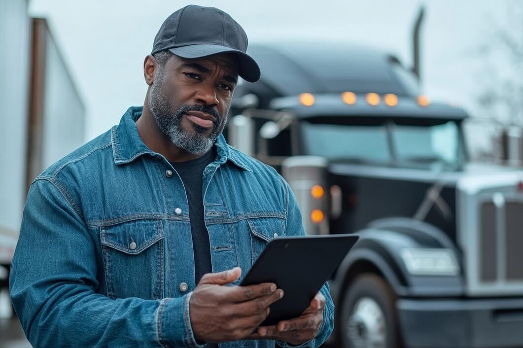 a truck driver checking his checklist