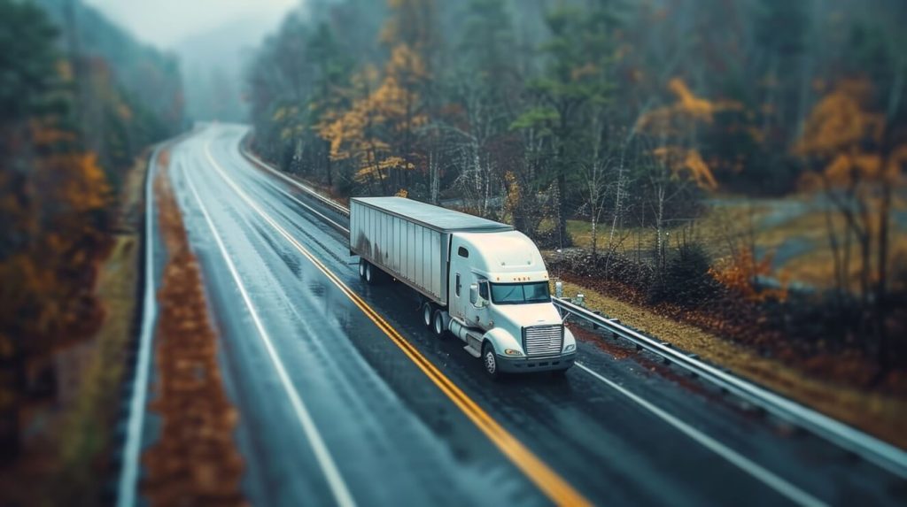 semi truck driving on the road during the fall season